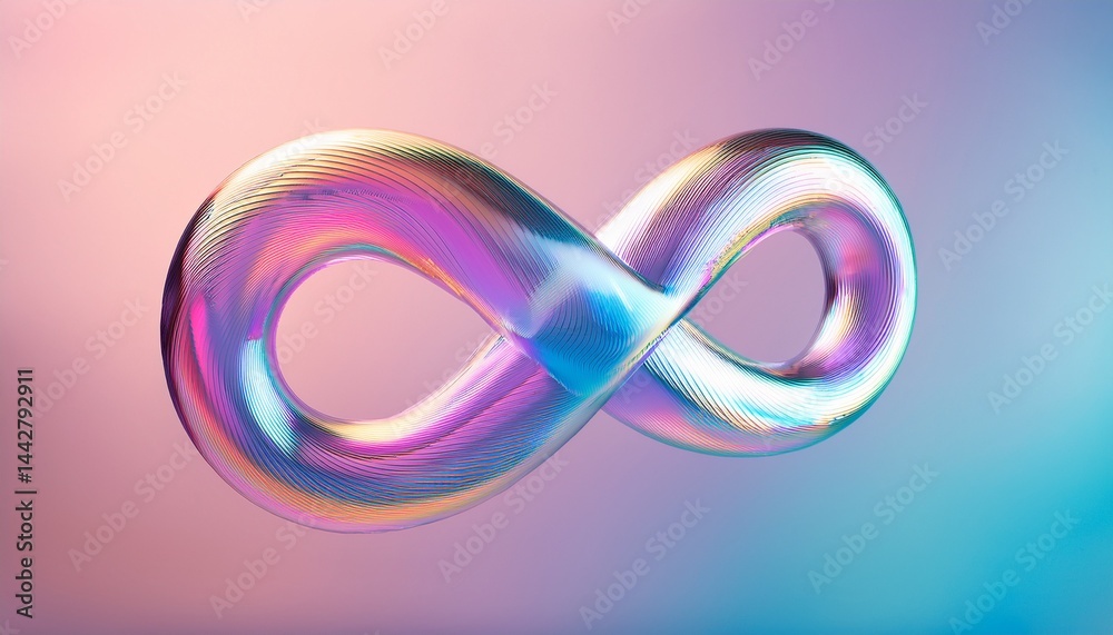 minimal infinity loop made of holographic crystal material floating on a clean pastel background for a modern digital concept minimal infinity loop made of holographic crystal material floating on a clean pastel background for a modern digital concept