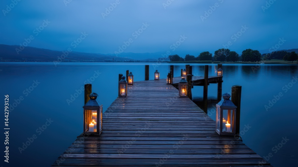 Obraz premium Night view of a wooden pier over calm water in summer, landscape photography