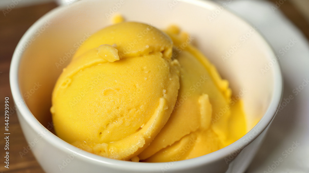Delicious isolated mango ice cream scoop in white bowl, perfect for dessert, summer, or food ads. Delicious isolated mango ice cream scoop in white bowl, perfect for dessert, summer, or food ads.