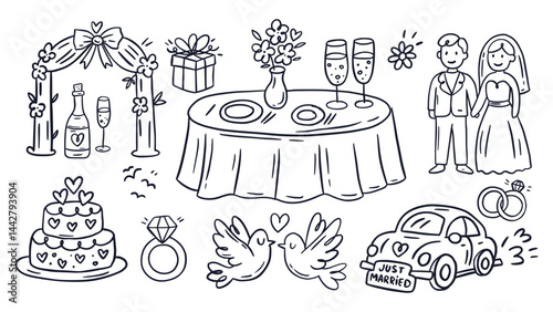 Doodle Wedding Sketch Card Set Love Romantic Hand Drawn Chalk Greeting Banner Vintage Vector Save The Date Party Swans Cake Wedding Dinner Event Collection