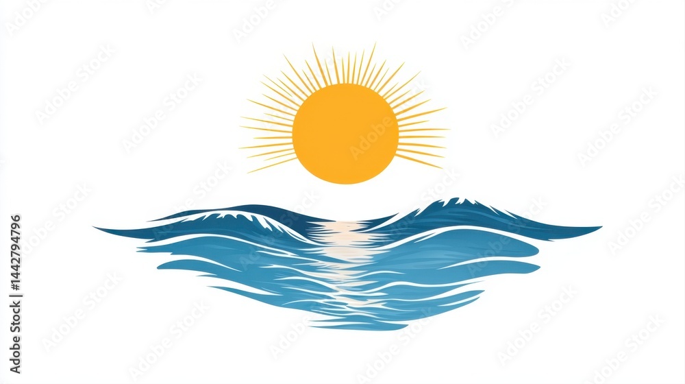 Obraz premium Vibrant Sun Rising Over Serene Ocean Waves in A Bright Blue Sky Illustration