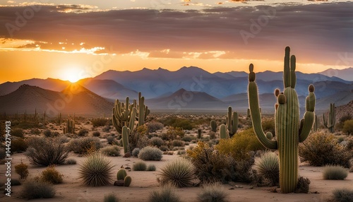 Sunset over a Desert Landscape with Saguaro Cacti