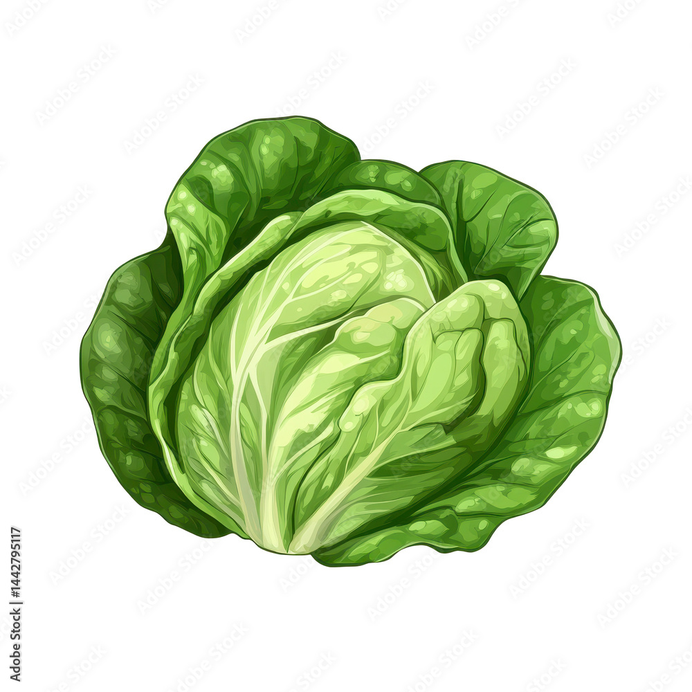 Fototapeta premium A detailed digital graphic of a whole head of fresh green cabbage, showing its vibrant green leaves and compact head structure.