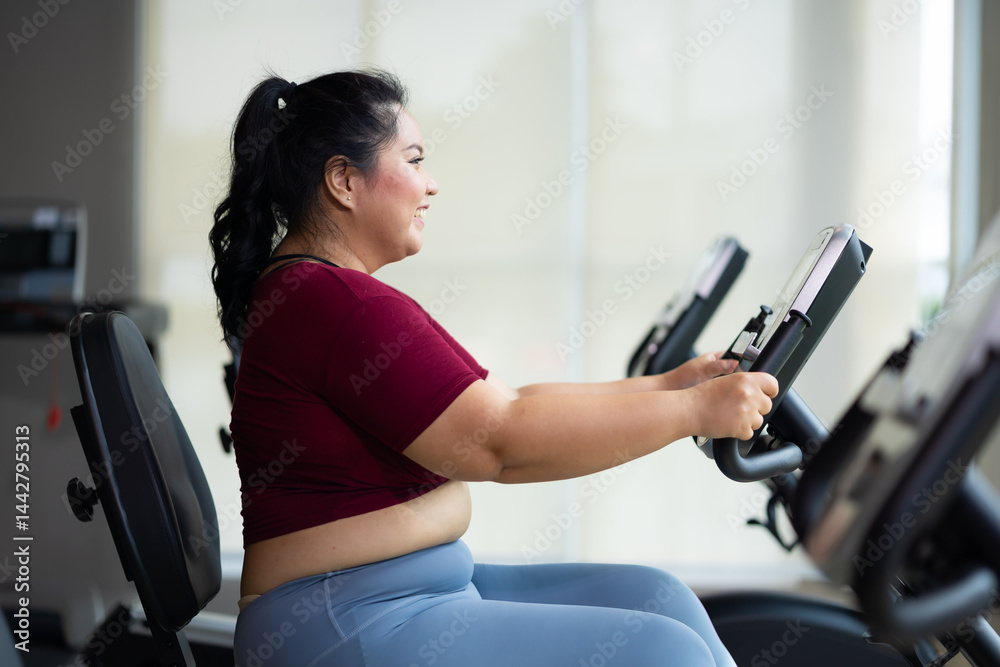 Exercise. beautiful young chubby overweight woman wearing sporty fitness clothes doing exercise indoors at gym fitness sport club, body and health care