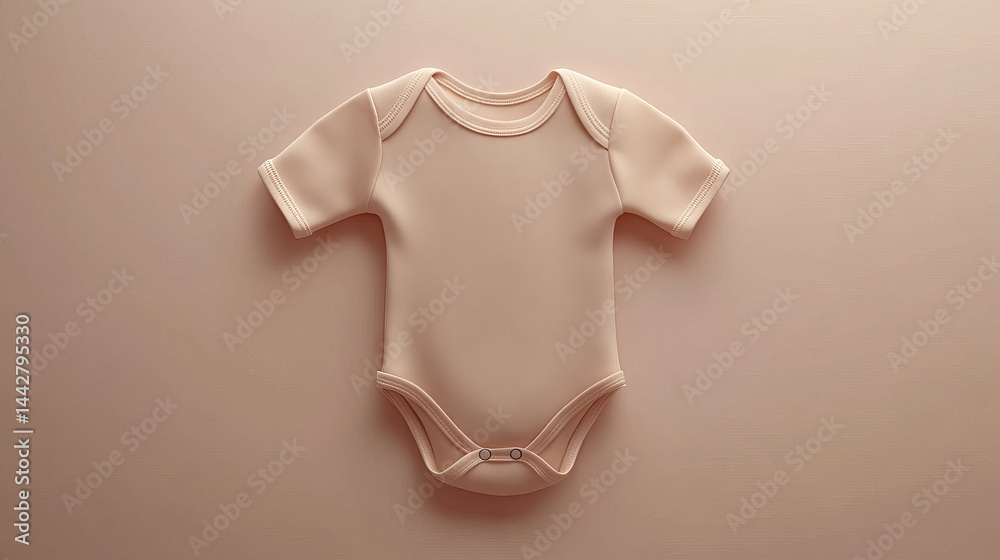 Mockup of baby bodysuit clothes on beige background flat lay. Top view template for brand or logo advertising on children's clothes