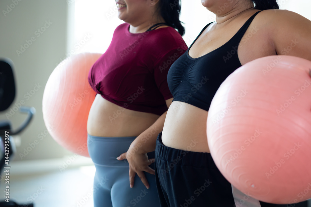 gymnastic ball. beautiful young chubby overweight woman in sportswear doing exercise indoors at gym fitness sport club, body and health care
