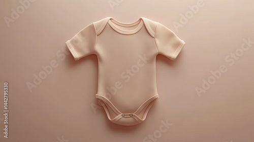 Mockup of baby bodysuit clothes on beige background flat lay. Top view template for brand or logo advertising on children's clothes