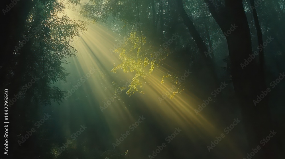 Obraz premium Sunbeams piercing misty forest canopy