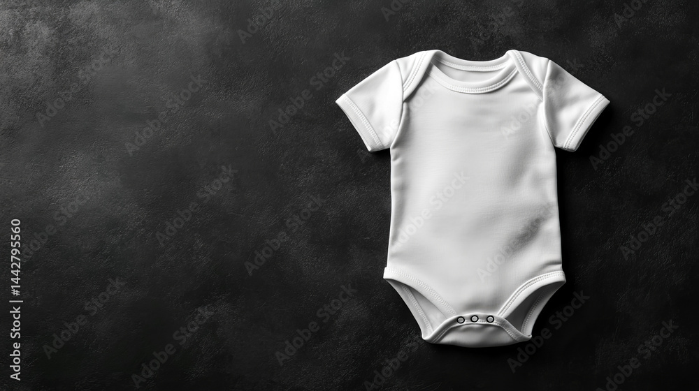 Mockup of baby bodysuit clothes on black background flat lay. Top view template banner for brand or logo advertising on children's clothes. copy space