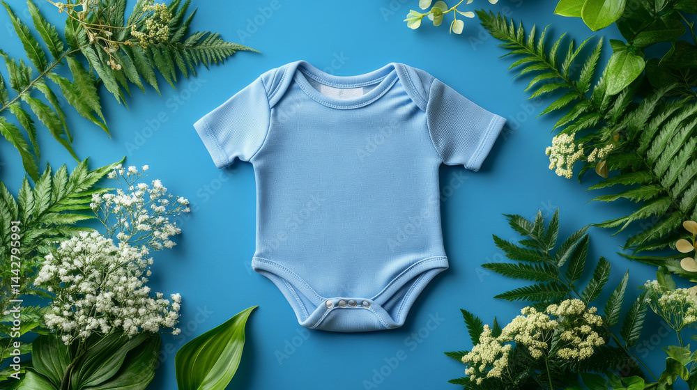 Mockup of baby bodysuit clothes on blue background flat lay. Top view template for brand or logo advertising on children's clothes