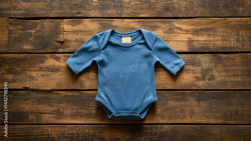 Mockup of baby bodysuit clothes on wooden background flat lay. Top view template for brand or logo advertising on children's clothes