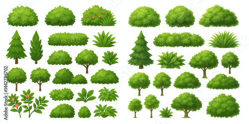 Set of cartoon-style vector trees, bushes, and garden plants – green foliage elements isolated on white background