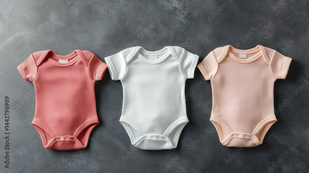 Mockup of three baby bodysuits clothes on black background flat lay. Top view template for brand or logo advertising on children's clothes