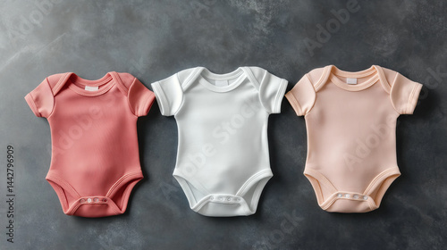Obraz na płótnie Mockup of three baby bodysuits clothes on black background flat lay. Top view template for brand or logo advertising on children's clothes w salonie