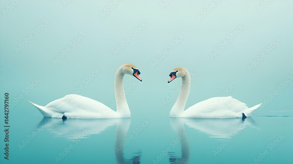 Contemplative swans gazing at each other on the soft blue water landscape Contemplative swans gazing at each other on the soft blue water landscape