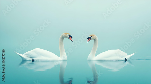 Contemplative swans gazing at each other on the soft blue water landscape photo