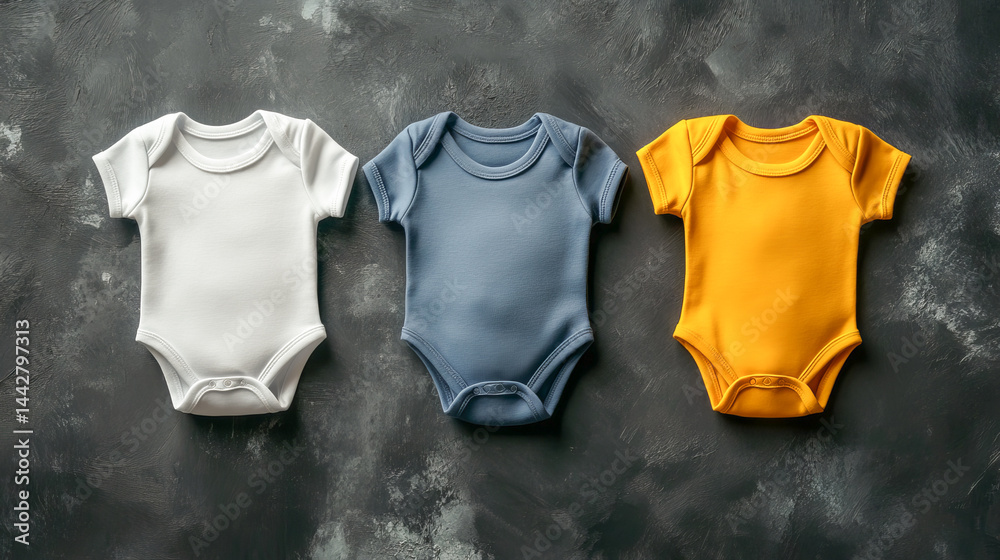 Mockup of three baby bodysuits clothes on black background flat lay. Top view template for brand or logo advertising on children's clothes