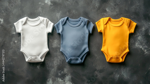 Obraz na płótnie Mockup of three baby bodysuits clothes on black background flat lay. Top view template for brand or logo advertising on children's clothes w salonie