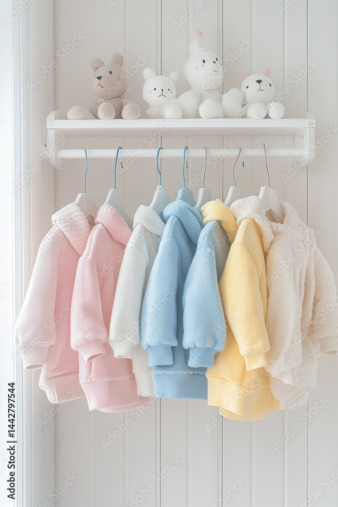 Mockup of hanging baby sweatshirt in a Row on Open Hanger. Template for brand or logo advertising