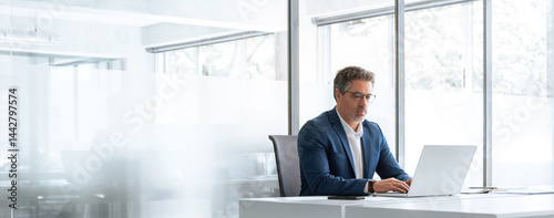 Professional investor manager using pc laptop computer sitting at desk workplace in office. Busy senior financial expert analyst in suit working on concentrated on trade strategy. Banner, copy space