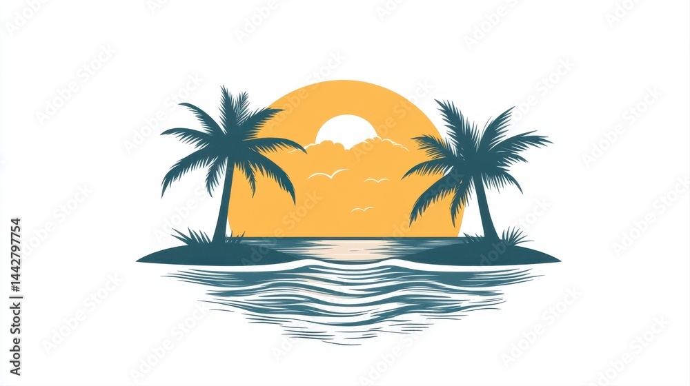 Obraz premium Tropical Island Sunset with Palm Trees and Calm Sea Reflections in Vector Art Style