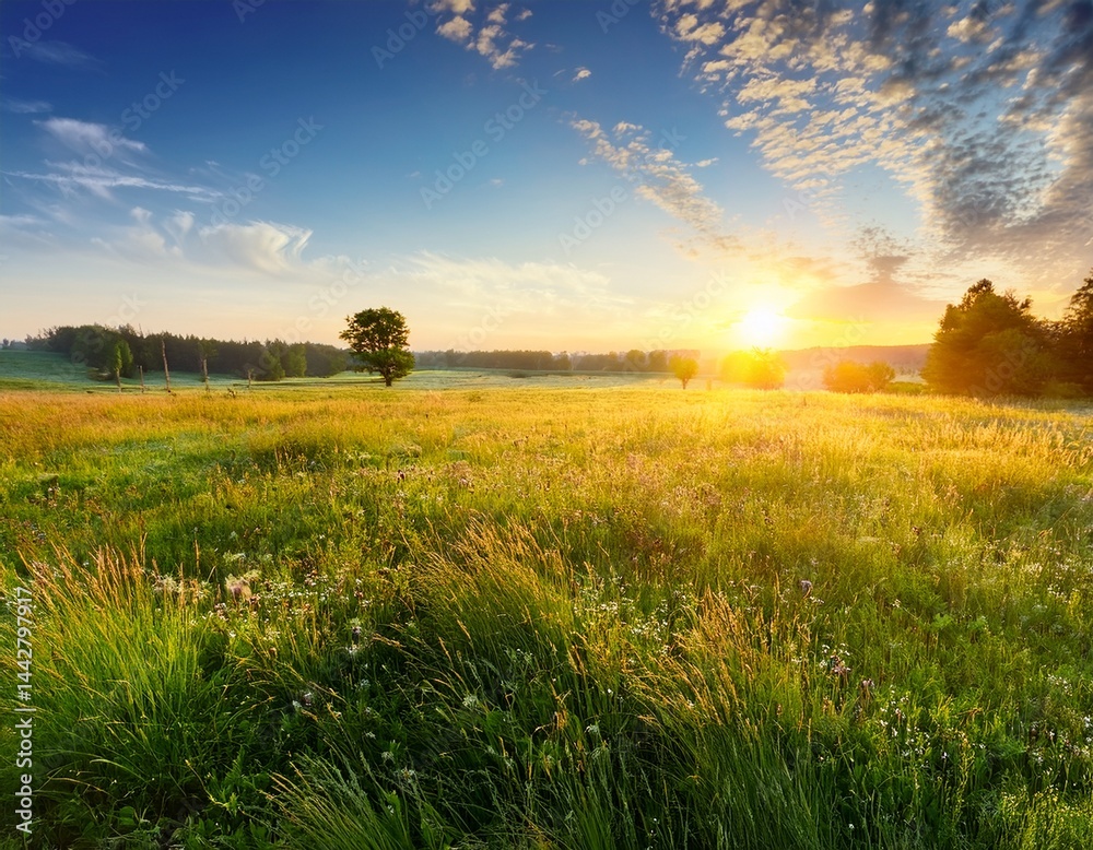 Obraz premium beautiful bright sunrise over large summer pasture with grasses