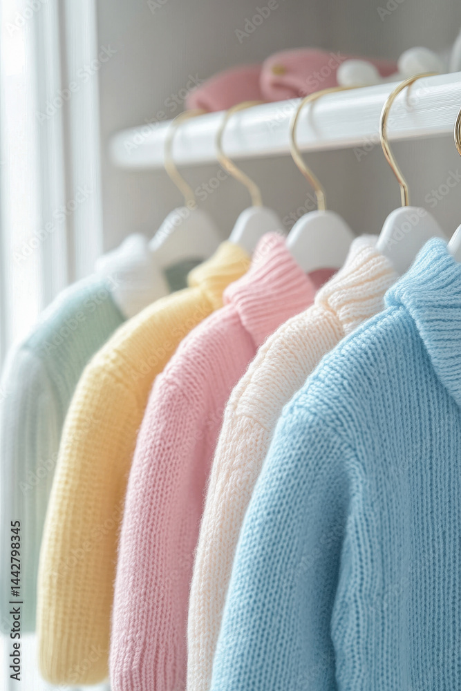 Mockup of hanging baby clothes in a Row on Open Hanger. Template for brand or logo advertising on children's clothes