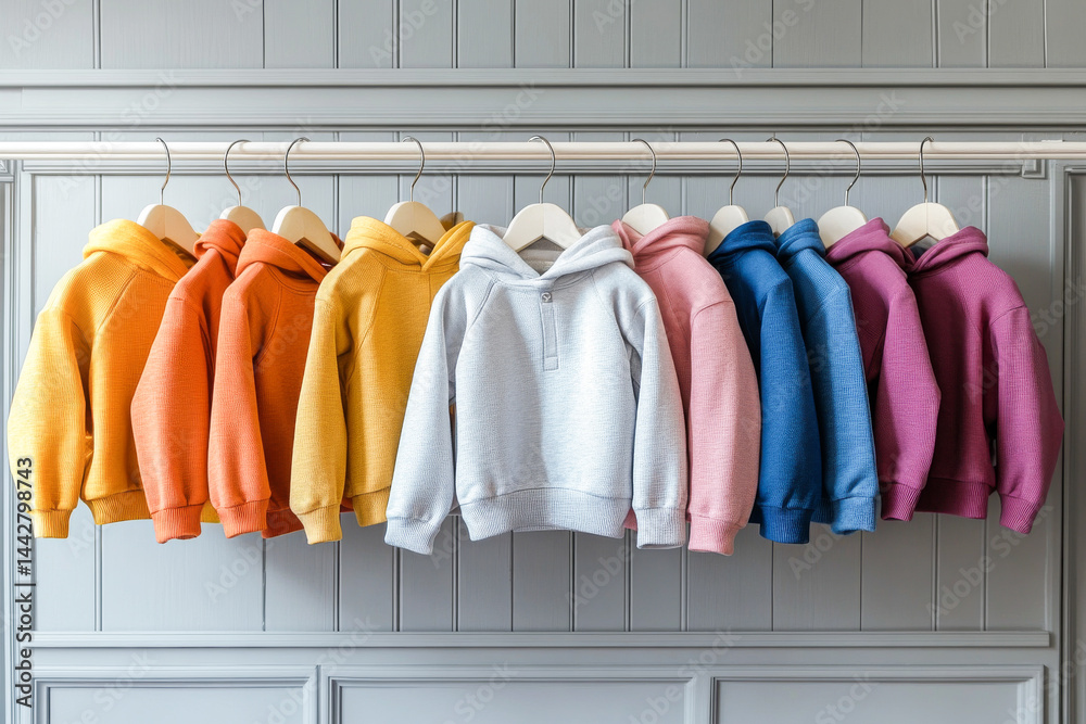 Mockup of hanging baby sweatshirt in a Row on Open Hanger. Template for brand or logo advertising