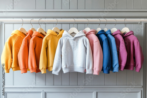 Obraz na płótnie Mockup of hanging baby sweatshirt in a Row on Open Hanger. Template for brand or logo advertising w salonie