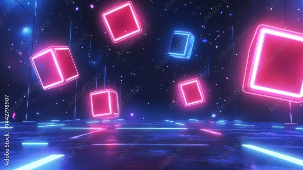 A futuristic scene featuring floating neon cubes in a dark, starry environment. A futuristic scene featuring floating neon cubes in a dark, starry environment.