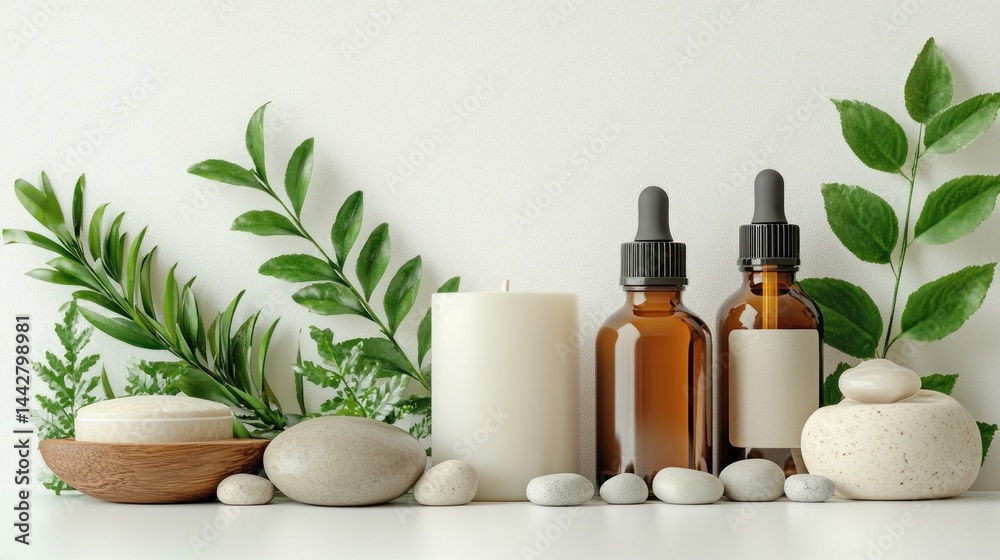 Spa products, stones, and greenery on white Spa products, stones, and greenery on white
