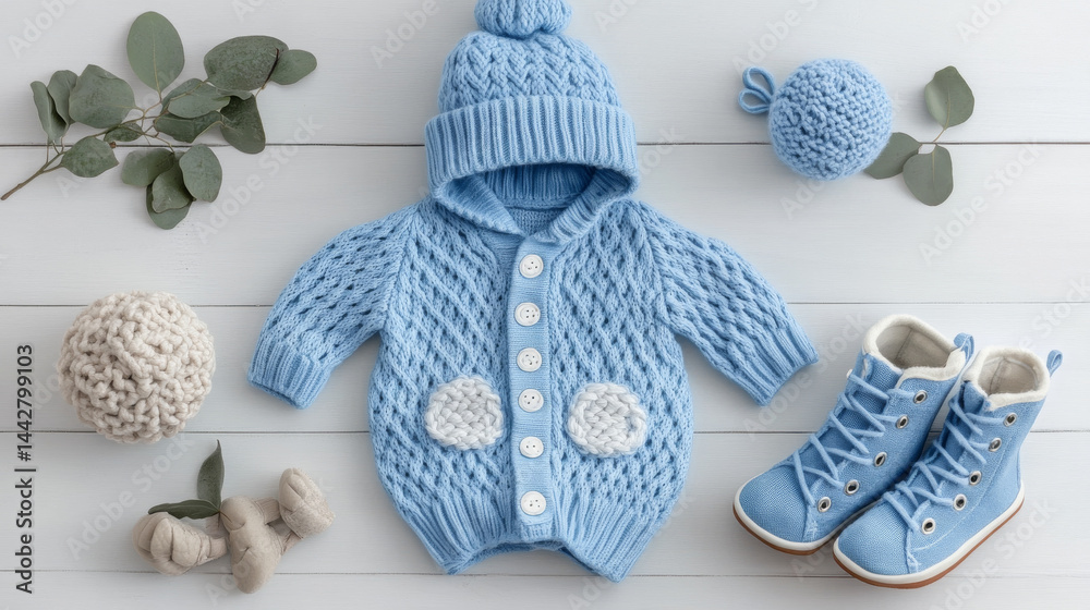 Knitted baby bodysuit clothes on white background flat lay. Top view template banner for brand or logo advertising on children's clothes. Mock up suit