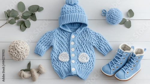 Obraz na płótnie Knitted baby bodysuit clothes on white background flat lay. Top view template banner for brand or logo advertising on children's clothes. Mock up suit w salonie