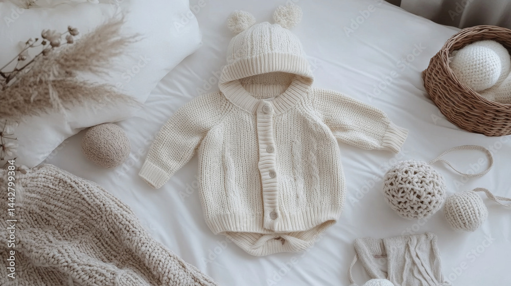 Knitted baby bodysuit clothes on white background flat lay. Top view template banner for brand or logo advertising on children's clothes. Mock up suit