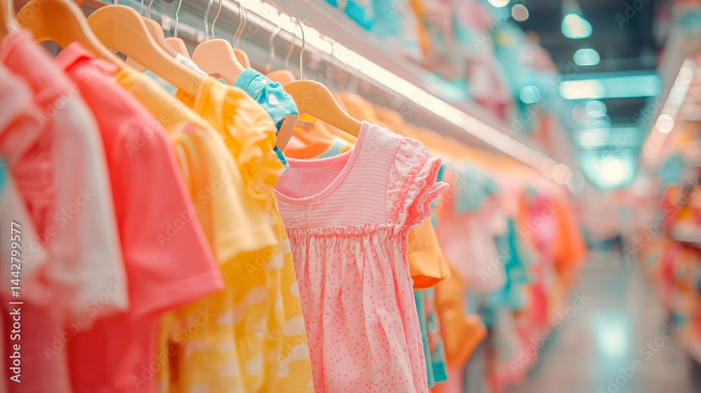 Many variety children clothes hanging on rack in store. Abstract Colored baby suits in selective focus. Shopping concept