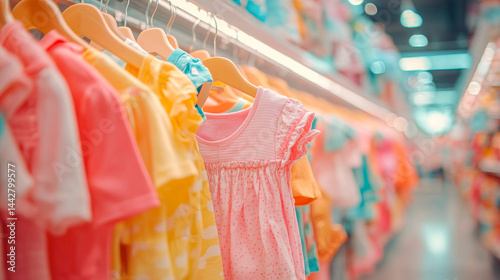 Obraz na płótnie Many variety children clothes hanging on rack in store. Abstract Colored baby suits in selective focus. Shopping concept w salonie