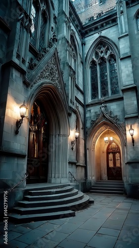 Moonlit Entrance to Arcane Academy, gothic architecture bathed in pale blue light, spectral orbs floating, evoking a mystical and enchanting atmosphere.