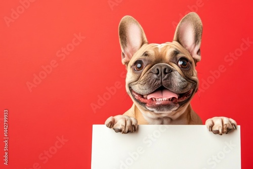 Isolated dog on a solid outfit red background. Ð¡ute adult dog french bulldog hold in front paws a concept - large white lane sign. Dog product ad. Pet smile for marketing. Dog next to sign. photo