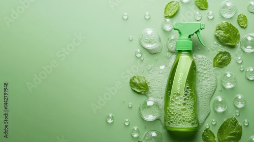 Green Cleaning Spray Bottle on a Light Green Background with Fresh Mint Leaves and Water Bubbles