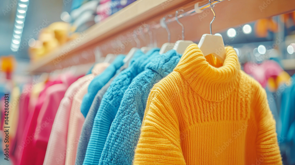 Many variety children clothes hanging on rack in store. Abstract Colored baby suits in selective focus. Shopping concept