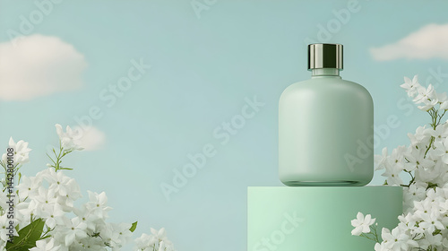 Tranquil mint perfume bottle with floral accents against a pastel sky backdrop