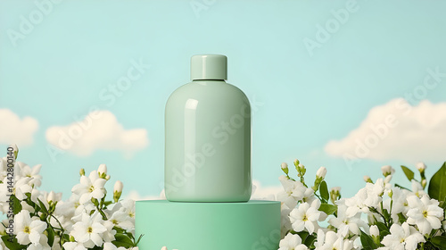 Minimalist cosmetic product shot in serene pastel setting with floral accents