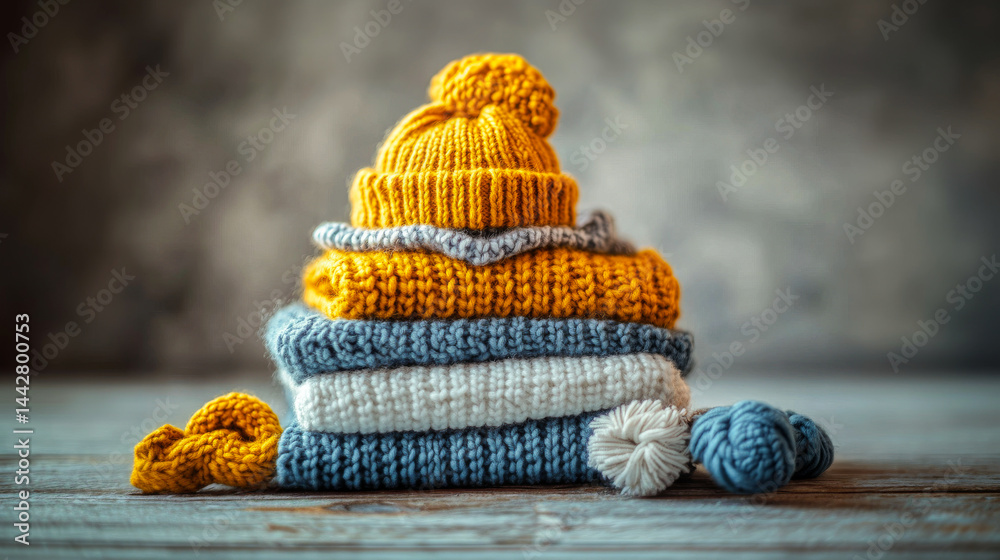 Stack of baby clothes with baby hat. Knitted soft warm neatly folded kids clothes