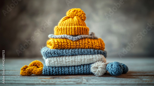Obraz na płótnie Stack of baby clothes with baby hat. Knitted soft warm neatly folded kids clothes w salonie