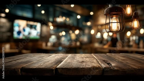 Rustic Wooden Table with Cozy Bar Ambience and tv football soccer channel in Background