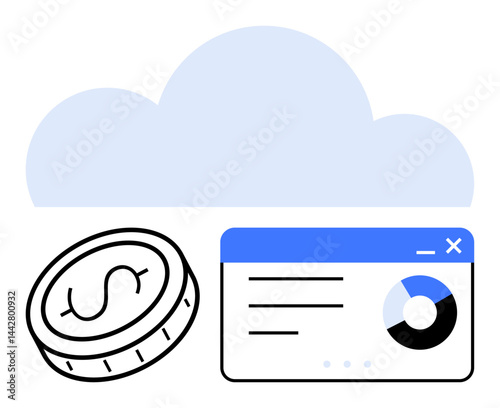 Cloud backdrop with coin and financial dashboard. Ideal for finance, SaaS, economy, cloud computing, analytics, fintech simple landing page. Line metaphor. Simple line icons