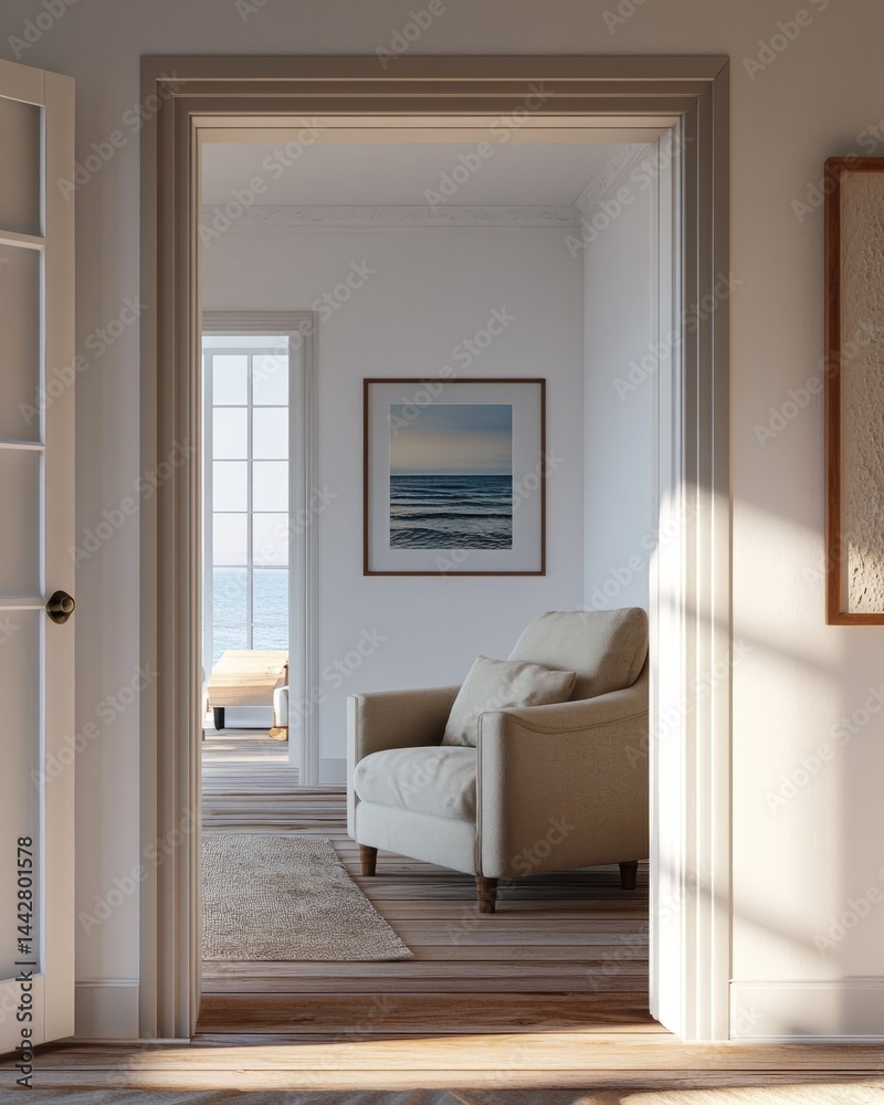 Fototapeta premium Interior Perspective: Doorway Framing a Naturally Styled Lounge