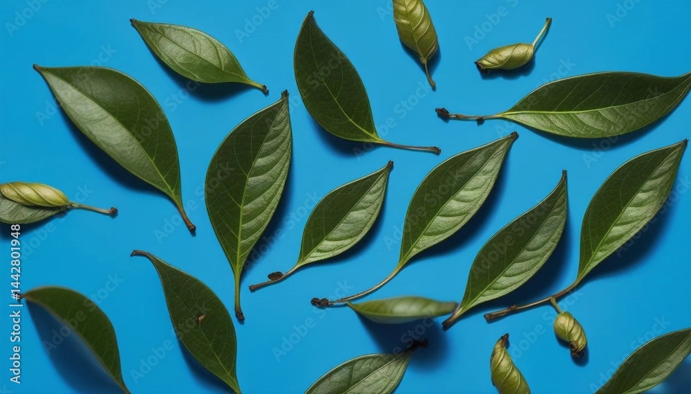 A clear and detailed photo of some realistic tea or Camellia Sinensis leaves on a blue background. Ideal for placing text, copy space, design elements or slightly different billboards. A clear and detailed photo of some realistic tea or Camellia Sinensis leaves on a blue background. Ideal for placing text, copy space, design elements or slightly different billboards.