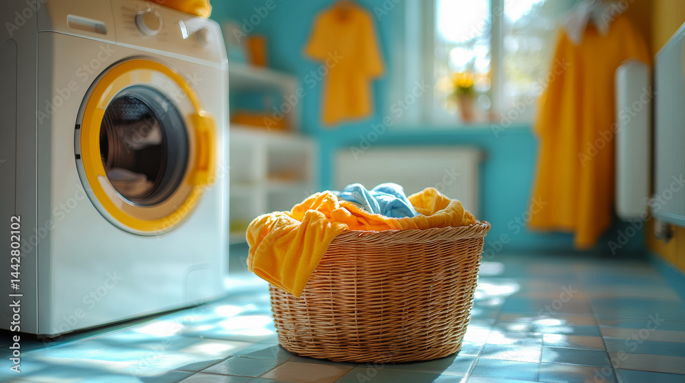 laundry basket full of dirty colored clothes. Washing machine with interior of bathroom on background in blur