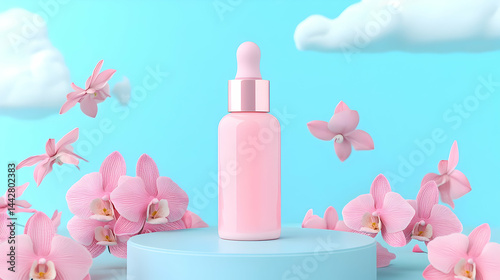 Elegant pink dropper bottle with orchid flowers and light blue background concept